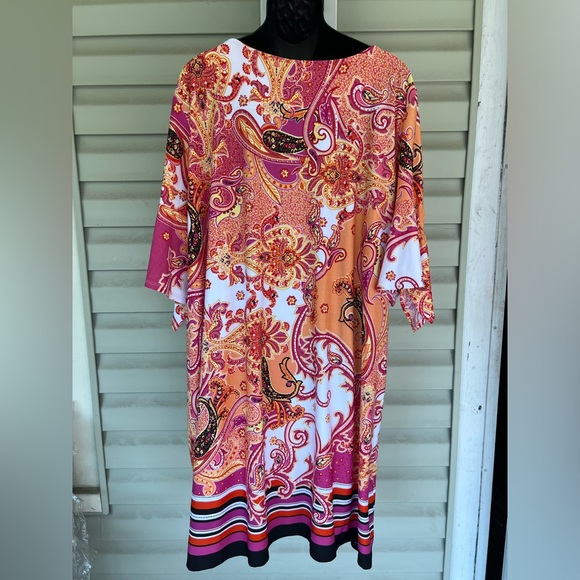 Violet B. Bright Print Polyknit Dress Size 3X EUC Orange/Pink/Yellow/ Red - Picture 2 of 10